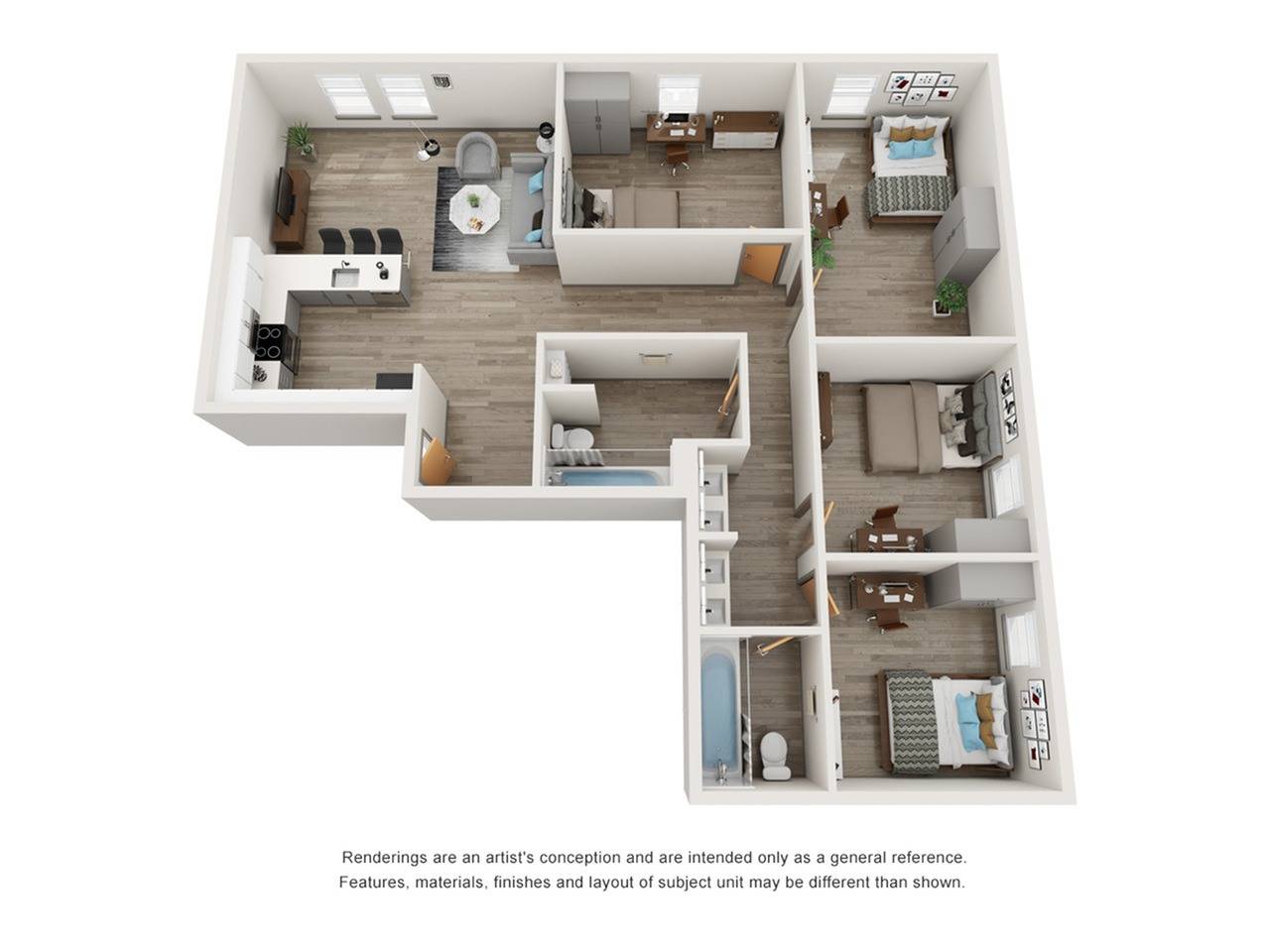 A 3D image of the 4BR/2BA – Corner floorplan, a 1000 squarefoot, 4 bed / 2 bath unit