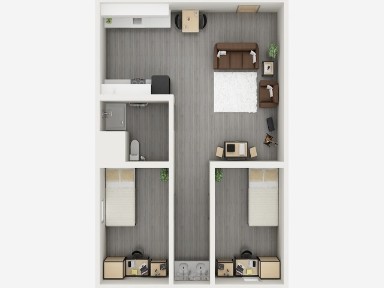 A 3D image of the 2BR/1BA – Broadmoor floorplan, a 625 squarefoot, 2 bed / 1 bath unit