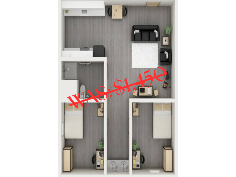 A 3D image of the 2BR/1BA – Broadmoor floorplan, a 625 squarefoot, 2 bed / 1 bath unit
