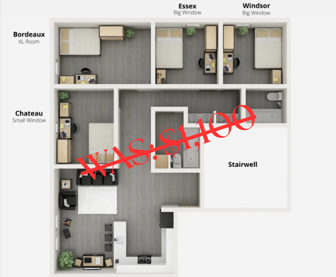A 3D image of the 4BR/2BA – Corner floorplan, a 1000 squarefoot, 4 bed / 2 bath unit