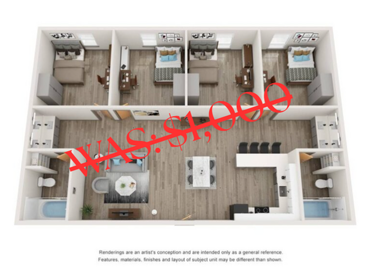 A 3D image of the 4BR/2BA floorplan, a 1000 squarefoot, 4 bed / 2 bath unit
