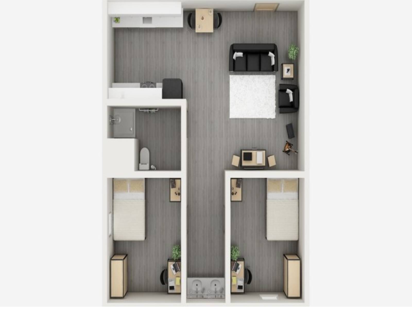 A 3D image of the 2BR/1BA – Broadmoor floorplan, a 625 squarefoot, 2 bed / 1 bath unit