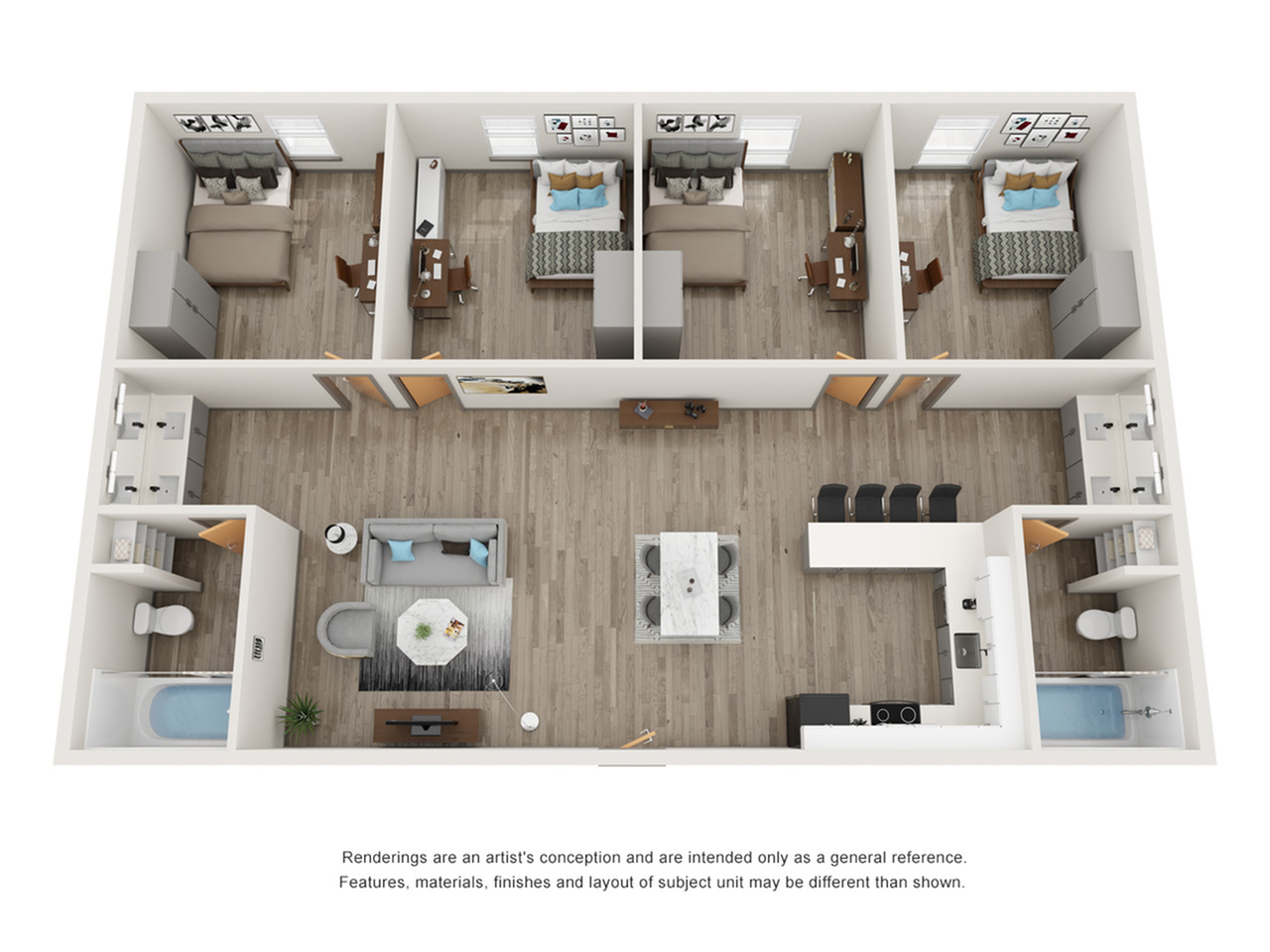 A 3D image of the 4BR/2BA floorplan, a 1000 squarefoot, 4 bed / 2 bath unit