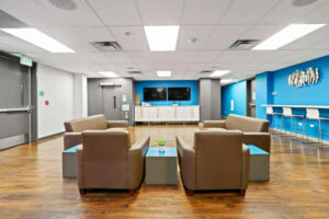 a room with chairs and tables