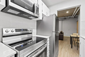 a kitchen with stainless steel appliances
