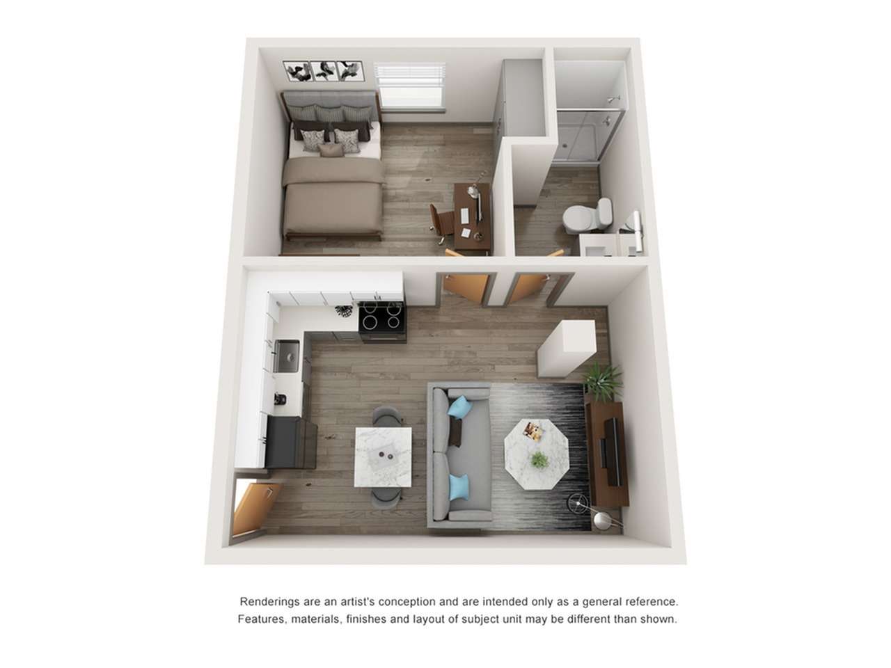 A 3D image of the 1BR/1BA – Indigo floorplan, a 700 squarefoot, 1 bed / 1 bath unit