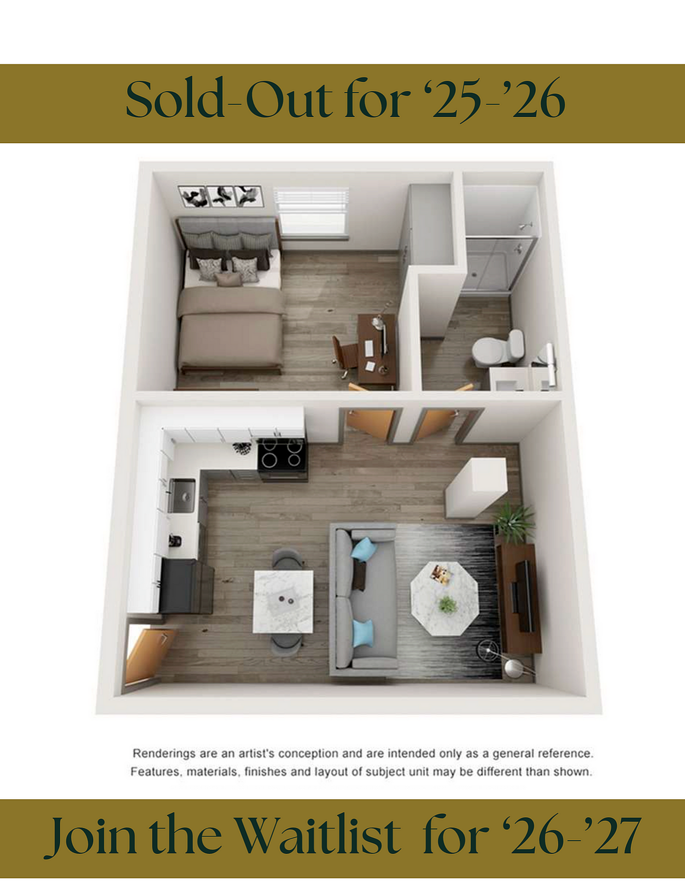 A 3D image of the 1BR/1BA – Indigo floorplan, a 700 squarefoot, 1 bed / 1 bath unit