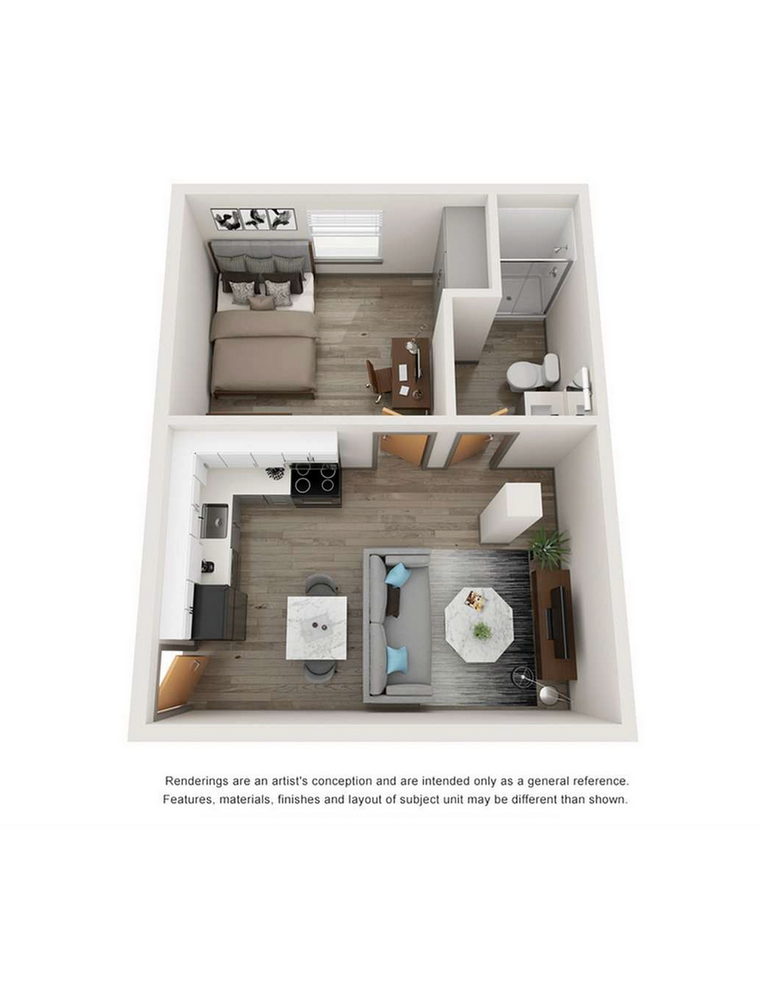 A 3D image of the 1BR/1BA – Indigo floorplan, a 700 squarefoot, 1 bed / 1 bath unit